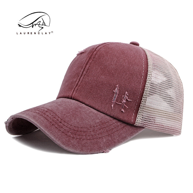 Wholesale Breathable Mesh Washed Distressed Crossover Ponytail Baseball Cap